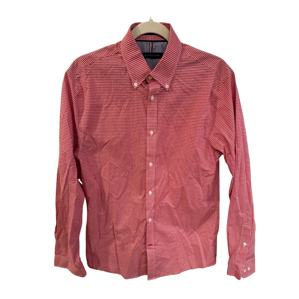 Tommy Hilfiger Mens‎ Red Gingham Slim Fit Non Iron Button Down Shirt 15 32-33